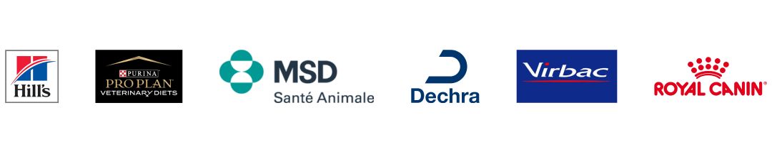 Logos de Hill's, Pro Plan, MSD, Dechra, Royal Canin et Virbac